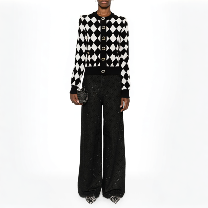 womens-retro-round-neck-black-and-white-plaid-knit-cardigan