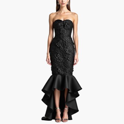 black-flower-decorated-tube-top-fishtail-evening-dress