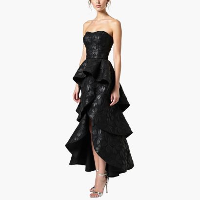 black-leaf-decorated-tube-top-cascading-high-slit-skirt