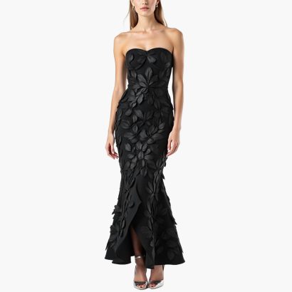 black-leaf-decorated-tube-top-fishtail-long-skirt