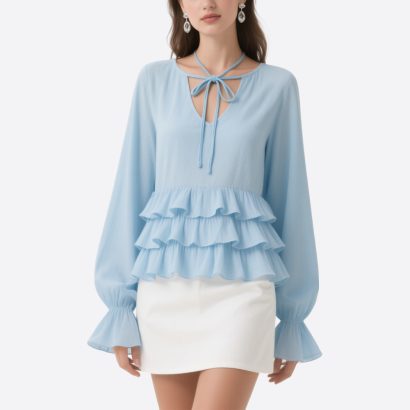 tiered-ruffle-blouse-with-long-sleeves-lace-up